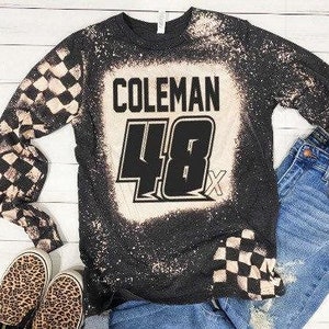 Personalized Long Sleeve Racing Bleached Dark Grey Unisex Tshirt Dirt Track Motocross Dirt bike Race Tee Checkered Flag Bleached