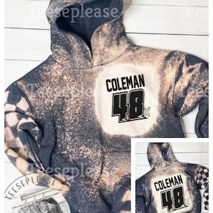 Youth Personalized Pocket Design Hoodie Racing Bleached Dark Grey Sweatshirt Dirt Track Motocross Dirt Bike Race Car Truck Checkered