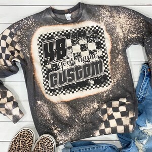 Personalized Crewneck Racing Bleached Dark Grey Unisex Sweatshirt Dirt Track Motocross Dirt Bike Race Car Truck Checkered Flag Bleached Tee