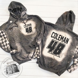 Racing Hoodie or Crewneck, Personalized Name and Number , Plus Sizes, Dirt Track Motocross  bike Race Apparel Checkered Flag Bleached  DTG