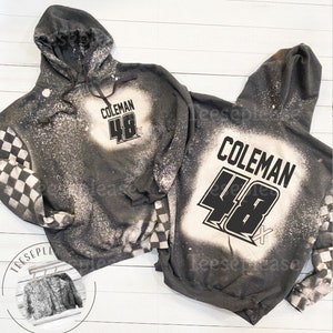 Racing Hoodie or Crewneck, Personalized Name and Number , Plus Sizes, Dirt Track Motocross  bike Race Apparel Checkered Flag Bleached  DTG