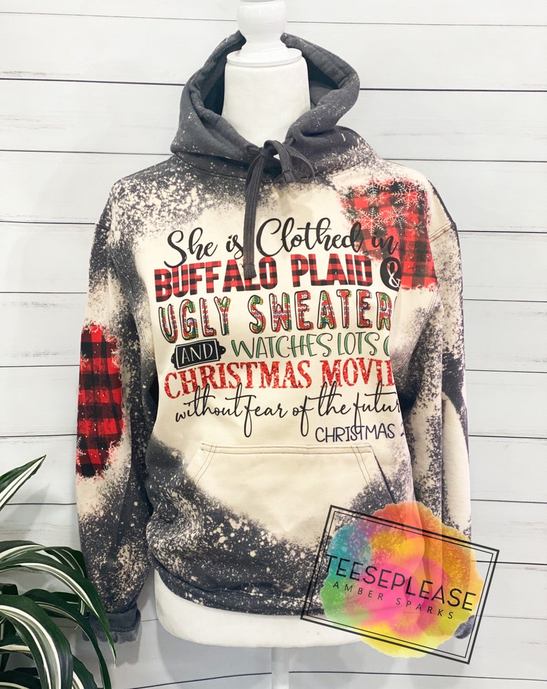 Christmas Sweater Hoodie Bleached Plaid Sweatshirt Acid Wash Hoodie Holiday Outfit Xmas Gift 