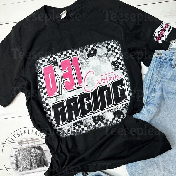 Rennen Tshirt Vorderseite und Ärmel Personalisiertes Design Schwarz Unisex Tshirt Dirt Track Motocross Dirt Bike Race Tee Zielflagge DTG Hot Pink