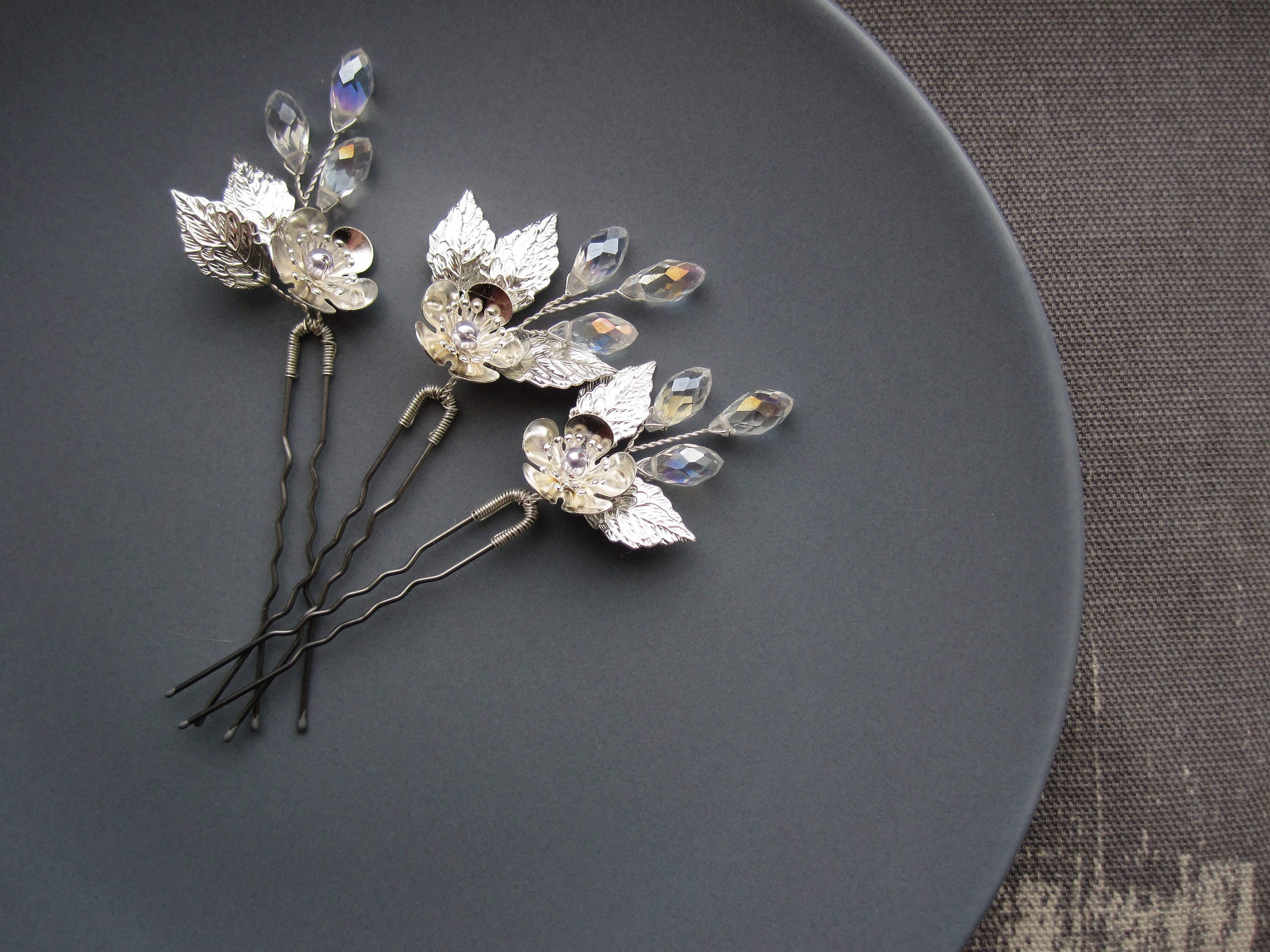 Silver hair pins Bridal hair pins Wedding hair pins Flower Etsy