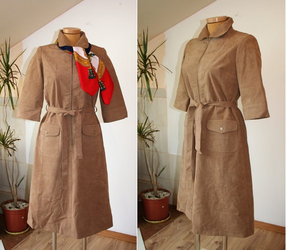 1980 Coat Dress, Vintage 80s Dress Faux Suede, Siz
