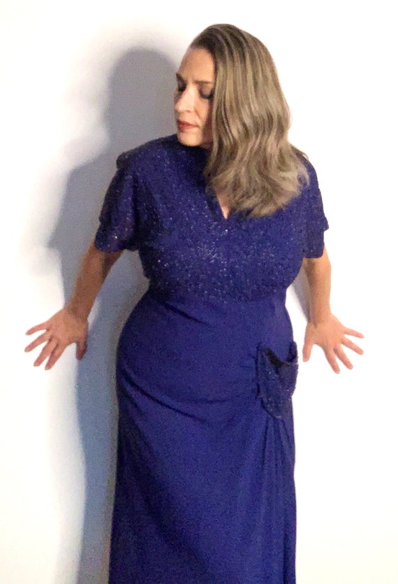 1940s Blue Jewel Tone Cocktail Dress Gem