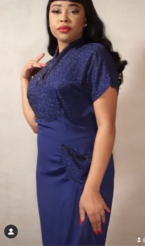 1940s Blue Jewel Tone Cocktail Dress Gem