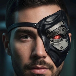 May include: A black leather eye patch with a futuristic design. The patch features metallic accents and a glowing red eye. The design is detailed and intricate, with a focus on a cyberpunk aesthetic. The eye patch is worn over one eye.