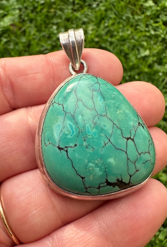 Large Vintage Sterling Silver 925 & Raw Turquoise Pendant