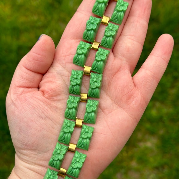 Genuine 1930’s Early Celluloid Green Grass Plastic Panel Bracelet / Bangle - Art Deco - Nouveau Floral Design - Antique Jewellery Bakelite