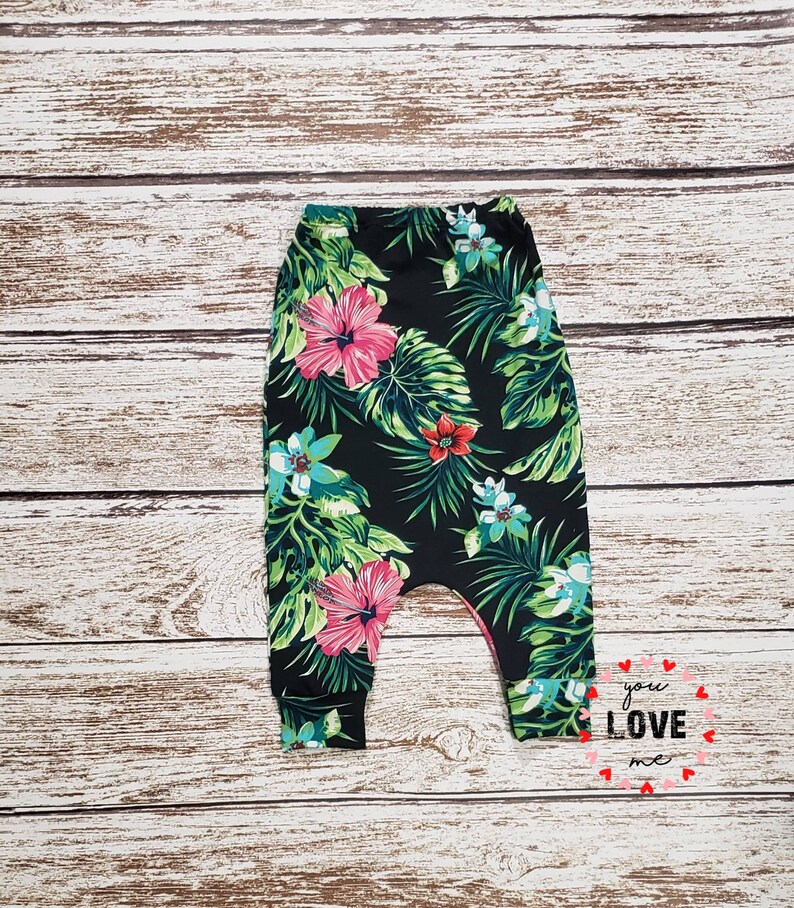 black background Strapless Harem Romper Tropical Hibiscus
