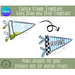 May include: A Canva frame template with two pennant designs. One pennant is clear with green accents, and the other is blue and white with the word "Cougars." The text reads "Canva Frame Template Easy Drag and Drop Template" and "Make designs for your products not for digital resale."