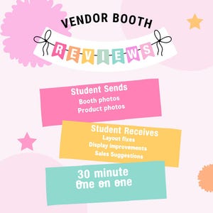 Puede incluir: Un gráfico en rosa pastel y azul claro que promociona las revisiones de puestos de vendedores. El texto incluye "VENDOR BOOTH REVIEWS" en la parte superior, con detalles sobre lo que los estudiantes envían y reciben, como fotos de puestos y productos.