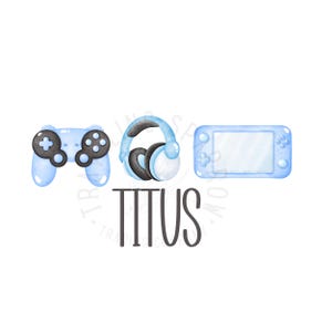 May include: A blue watercolor illustration of a video game controller, headphones, and a handheld gaming console. The text "TITUS" is written below the items.