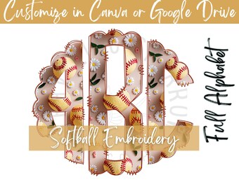 Custom Scalloped Softball Faux Embroidery Monogram PNG, Floral Softball PNG Design, Sublimation Design, Mama Boho Softball PNG, Boho Design