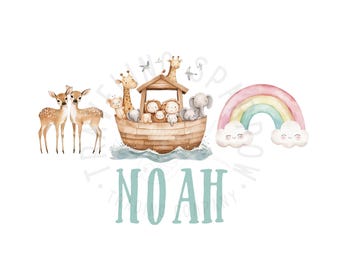 Anpassat namn Noahs Ark PNG | Akvarell barnrumskonst (digital nedladdning)