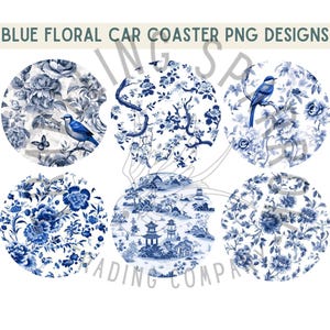 May include: Six blue and white floral designs for car coasters. The designs feature blue birds, flowers, and a pagoda.