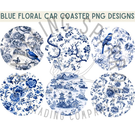 Blue Floral Toile Car Coaster PNG: Coquette Design (Digital Download)