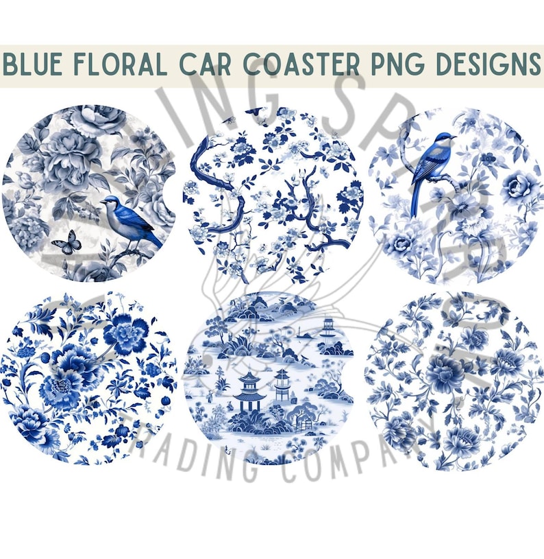 May include: Six blue and white floral designs for car coasters. The designs feature blue birds, flowers, and a pagoda.