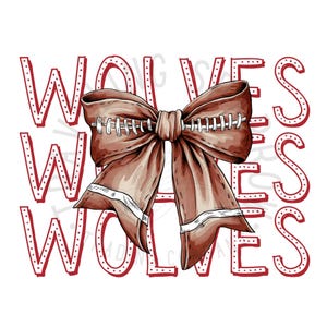 May include: A brown football-themed bow with white stitching, centered on a white background with the word "WOLVES" repeated three times in red text with white polka dots.