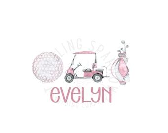 Różowy wózek golfowy PNG | Akwarelowy clipart, golf dla dziewcząt (pobieranie cyfrowe)