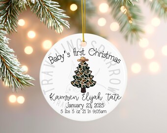 Baby’s First Christmas Ornament | Western Cowboy Tree PNG | Editable Birth Stats Template | Digital Download Holiday Keepsake
