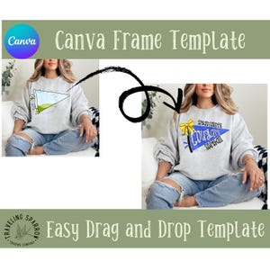 May include: A light gray sweatshirt with a blue and yellow pennant design that says "Iosan County Cougars Softball." The image also includes the text "Canva Frame Template" and "Easy Drag and Drop Template."