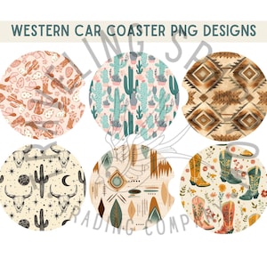 May include: Six different designs for car coasters featuring a western theme. The designs include cacti, skulls, boots, and geometric patterns in shades of brown, beige, green, and blue.