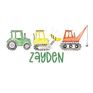 May include: A green tractor, a yellow bulldozer, and a red crane with a black track are lined up in a row. The name "ZAYDEN" is written in green below the vehicles.