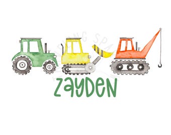 Construction Trucks Name PNG | Watercolor Tractor Sublimation Design | Boys Custom Shirt Clipart