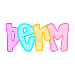 May include: A colorful graphic design spelling out the word "DEM" in bubble letters. The letters are outlined in bright colors: pink, light blue, and yellow. The background is white.