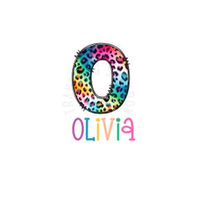 May include: A rainbow leopard print number zero with a black outline and the name Olivia written below in rainbow colours.