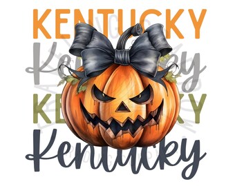 May include: A scary orange pumpkin with a black bow and a dripping face. The text "Kentucky" is repeated four times in different colors and fonts.
