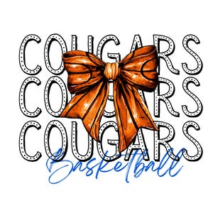 May include: Orange and white bow with the word "Cougar" repeated three times and the word "Basketball" written in blue below.
