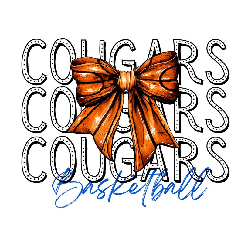 May include: Orange and white bow with the word "Cougar" repeated three times and the word "Basketball" written in blue below.