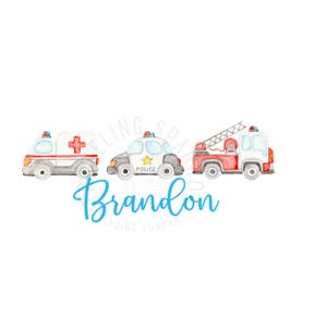 Emergency Vehicle PNG | Watercolor Ambulance, Police Car & Fire Truck | Sublimation Design for Kids | First Responder Trucks PNG