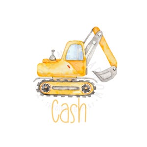 Watercolor Excavator PNG | Yellow Construction Truck Sublimation Design | Kids Name PNG | Printable Boys Shirt Graphic | Digital Download