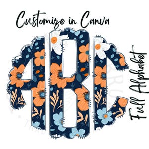 May include: A monogram design featuring the letters A, B, and C. The letters are surrounded by a floral pattern with orange, blue, and white flowers on a dark blue background. The text "Customize in Canva" and "Full Alphabet" is also included in the image.