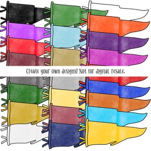 May include: A collection of colorful pennant flags in various shades, including black, green, orange, purple, and blue. Each flag has a white top and is adorned with decorative tassels. The text "Create your own designs! Not for digital resale." is visible.