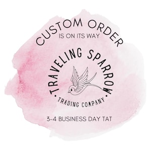 May include: A pink watercolor background with the text "CUSTOM ORDER IS ON ITS WAY" in a circular design. Below is a bird illustration with the words "TRAVELING SPARROW TRADING COMPANY". The text "3-4 BUSINESS DAY TAT" is at the bottom.