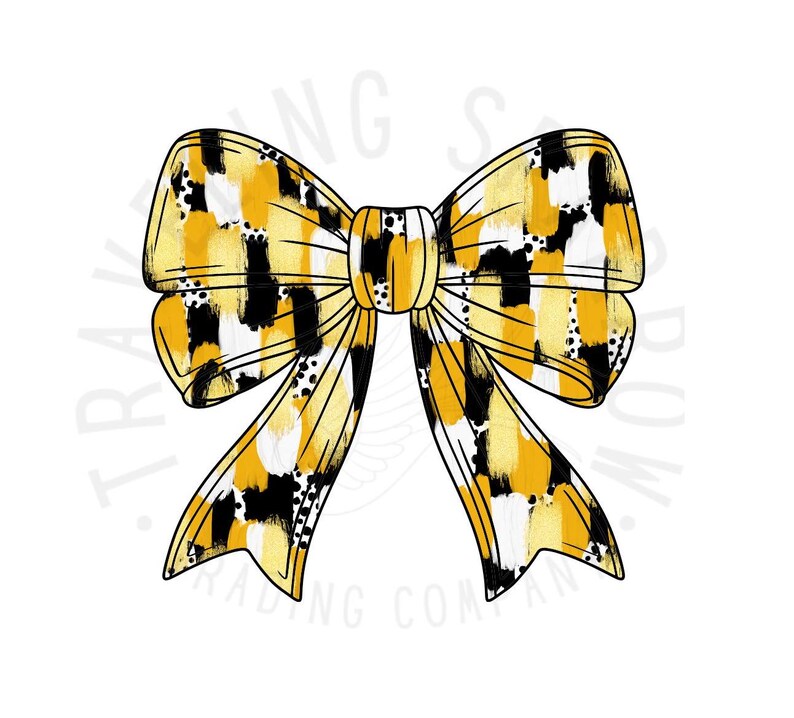 May include: A large yellow and black bow with a white and black abstract pattern. The bow is tied in a knot and the ends are flowing.