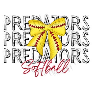 Puede incluir: Un lazo de softball amarillo y rojo con la palabra "PREDATORS" repetida tres veces y la palabra "Softball" debajo del lazo.