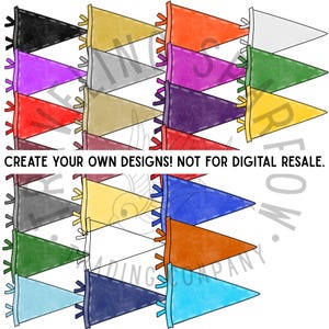 Pode incluir: Uma cole&ccedil;&atilde;o de bandeirinhas coloridas em v&aacute;rios tons, incluindo preto, roxo, vermelho e azul. Cada bandeira tem formato triangular com borda costurada e franjas decorativas. O texto "CREATE YOUR OWN DESIGNS! NOT FOR DIGITAL RESALE." tamb&eacute;m &eacute; vis&iacute;vel.