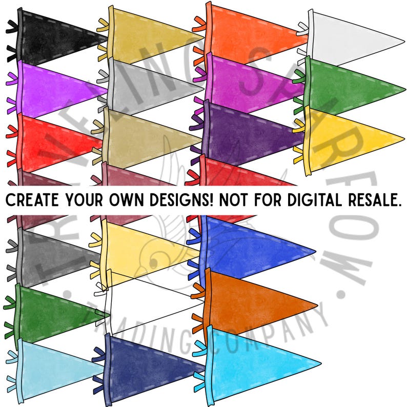 Pode incluir: Uma cole&ccedil;&atilde;o de bandeirinhas coloridas em v&aacute;rios tons, incluindo preto, roxo, vermelho e azul. Cada bandeira tem formato triangular com borda costurada e franjas decorativas. O texto "CREATE YOUR OWN DESIGNS! NOT FOR DIGITAL RESALE." tamb&eacute;m &eacute; vis&iacute;vel.