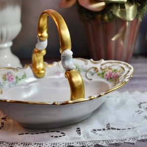 Gorgeous Handle Basket Candy or Nut Dish Hutschenreuther Selb Bavaria LHS Porcelain Hand Painted Gold Gilt Collectible Antique Easter Gift