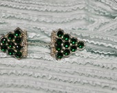 Antique Two Part Jabot Pin - Or Hat Pin Decoration, Excellent Condition, Emerald Green Rhinestones On Each Side Accented By Two Baguettes