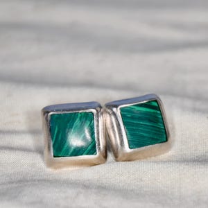Vintage Malachit Sterling Silber Ohrringe: Quadratische Halbedelsteine