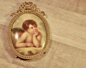 Raphael Cherub On Porcelain Dresden Hand Painted Oval Plaque In Gold Gilt Bronze Frame Signed Antique Collectible Angel Cherub Gift for Her