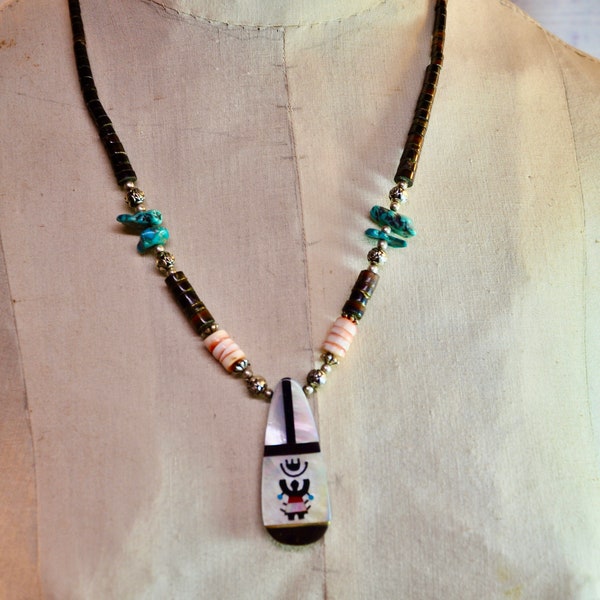 Native American Crown Dancer Inlay Pendant Necklace Turquoise & Heishi Bead Sterling Silver RARE Zuni Inlay Handmade Gift for Her Old Pawn