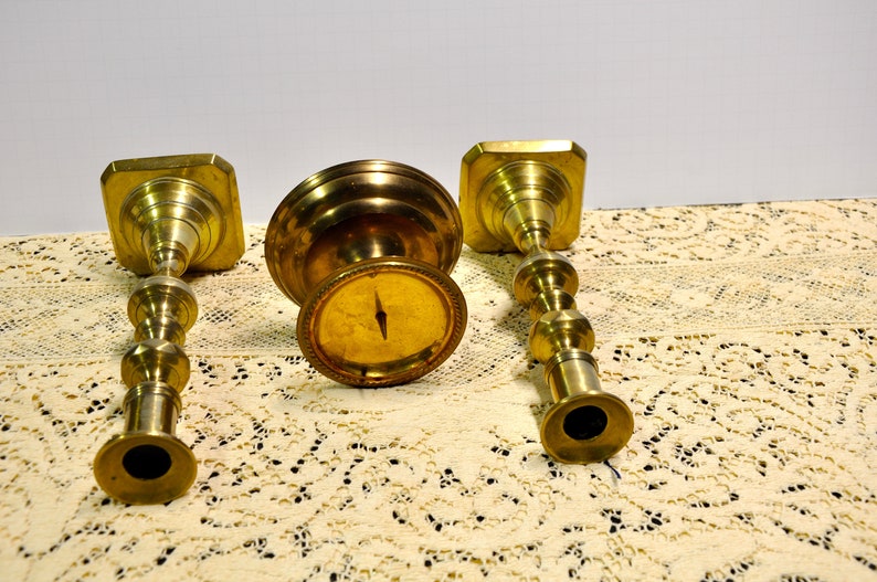Wonderful Gift Pillar Set /& One Candleholder wSafety Spike 3 Solid Brass Candlestick Holders Lot of 3 Collectible, Beautiful Decor